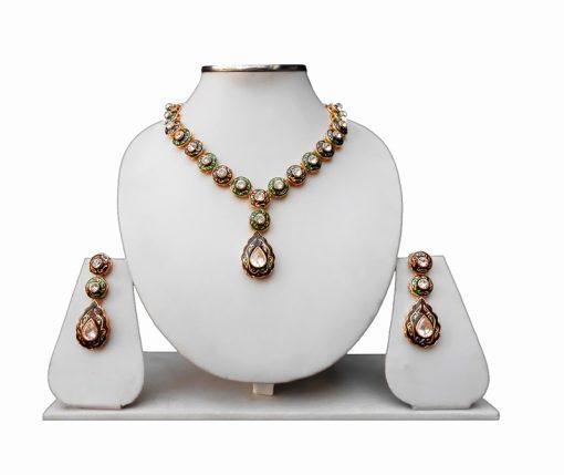 Green and Brown Jaipur Design Minakari Necklace Earrings From India -0