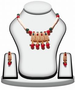 Green and Red Stone Traditional Polki Pendant Set for Women-0