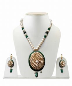 Attractive Green and White Pacchi Work Stones Necklace Set for Women -0