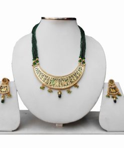 Green Beads Thewa Necklace Set with Earrings for Women-0