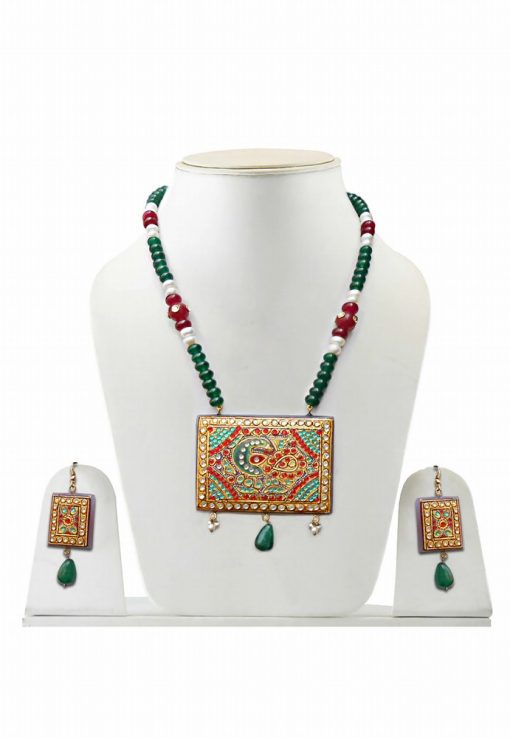 Gorgeous Green Ethnic Tanjore Painting Designer Necklace and Earrings Set -0