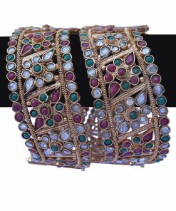Buy Pair of Green, White and Red Stone Studded Bridal Polki Bangles -0