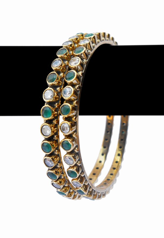 Buy Fashion Bangles in Green and Pearls Stones with Micro Gold Covering-0