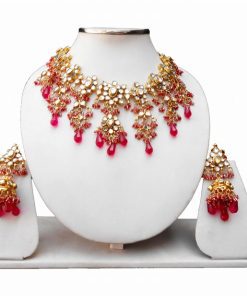 Indian Ethnic Kundan Necklace and Earrings Set with Red Stones-0