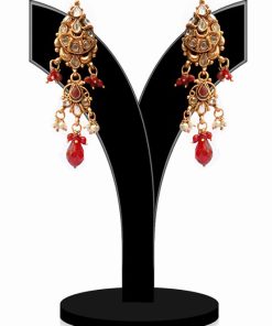 Red and White Stone Studded Polki Earrings for Festivals and Weddings-0