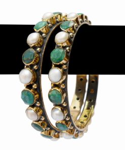 Buy Online Indian Fashion Bangle in Green and Pearls Stones-0