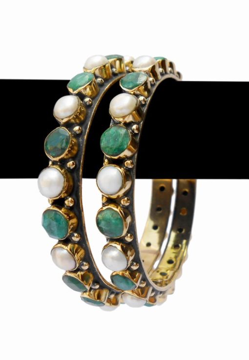 Buy Online Indian Fashion Bangle in Green and Pearls Stones-0