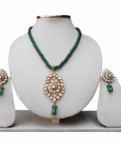 Indian Jewelry Green and White Kundan Stones Pendant Earrings Set -0