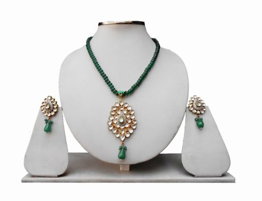 Indian Jewelry Green and White Kundan Stones Pendant Earrings Set -0