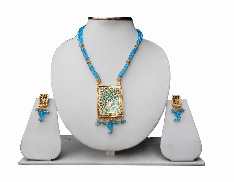 Jaipur Designer Ethnic Thewa Pendant Set in Turquoise Beads-0