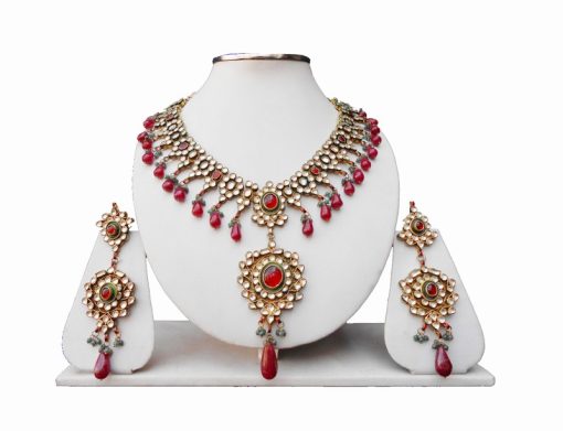 Jaipur Kundan Necklace and Earrings Jewelry Set in White and Red-0