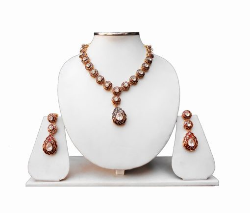 Jaipur Minakari Necklace and Earrings Jewelry Set in Brown and Red-0