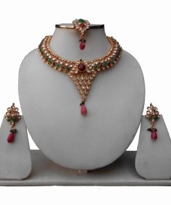 Jaipur Polki Necklace and Earrings for Weddings in Red Green Stones-0