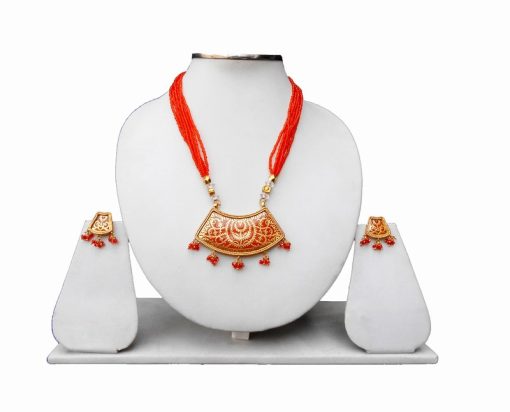 Jaipur Thewa Pendant and Earrings Jewelry Set in Red Beads for Weddings-0
