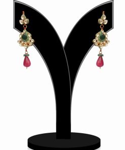 Kundan Earrings for Girls with Red, Green and White Stones from India-0