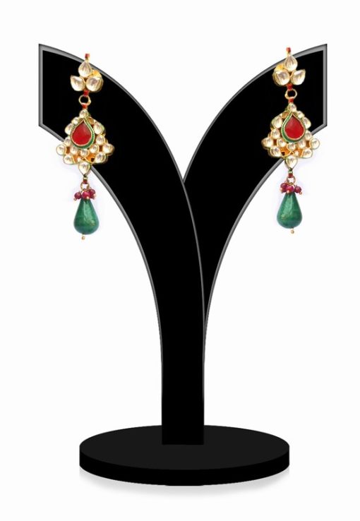 Shop Online Traditional Red, Green and White Kundan Stones Jhumkas-0