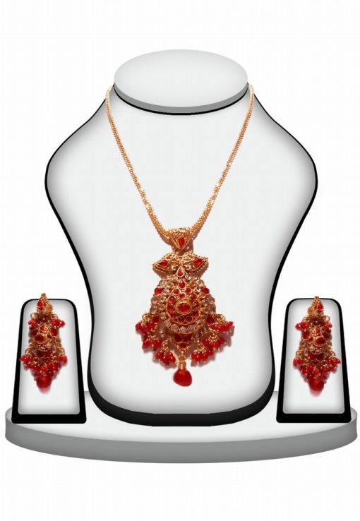 Latest Design Antique Pendant Set in Red Stones with Earrings-0