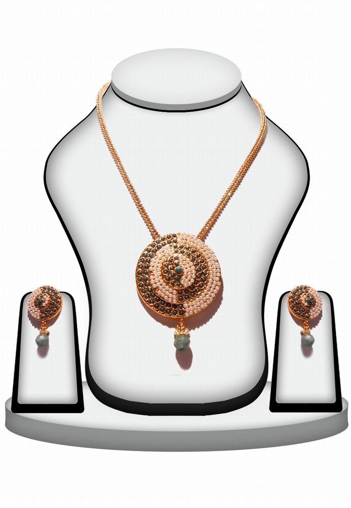 Latest Design White Pearls and Green Stones Pendant Set-0