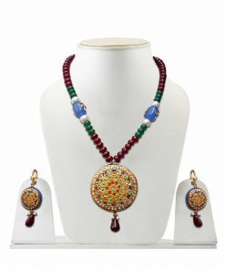 Maroon and Blue UniqueTanjore Painting Necklace Set for Women -0