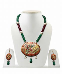 Maroon and Green Oval Tanjore Painting Stones Necklace Set with Earrings-0