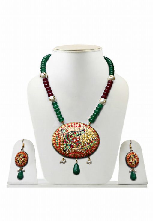 Maroon and Green Oval Tanjore Painting Stones Necklace Set with Earrings-0
