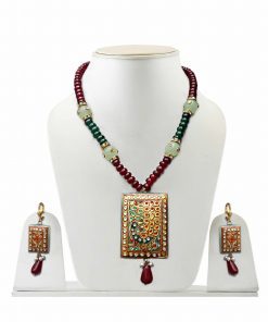 Maroon and Green Partywear Tanjore Square Pendant and Earrings Jewelry Set -0