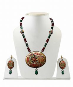 Maroon and Green Tanjore Painting Pendant Necklace and Earrings from India-0