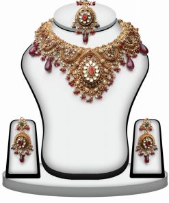 Maroon Polki Stones Bridal Necklace Set for Weddings with Earrings and Tika-0