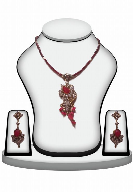 Maroon Stones Victorian Pendant Set With Earrings for Wedding-0