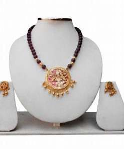 Maroon Traditional Thewa Pendant Earring Set From India-0