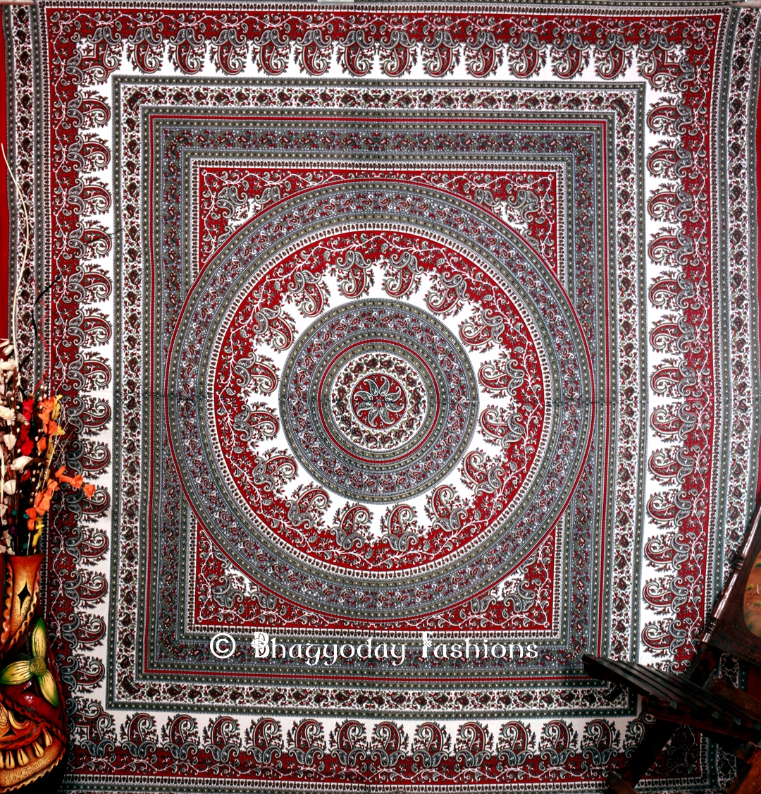 Maroon Grey Round Hippie Tapestry Bedspread Home Décor Festivals-1441
