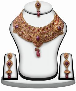 Maroon Indian Polki Necklace Set for Women with Earrings and Tika -0