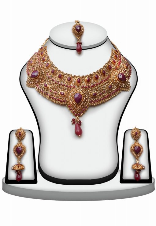 Maroon Indian Polki Necklace Set for Women with Earrings and Tika -0