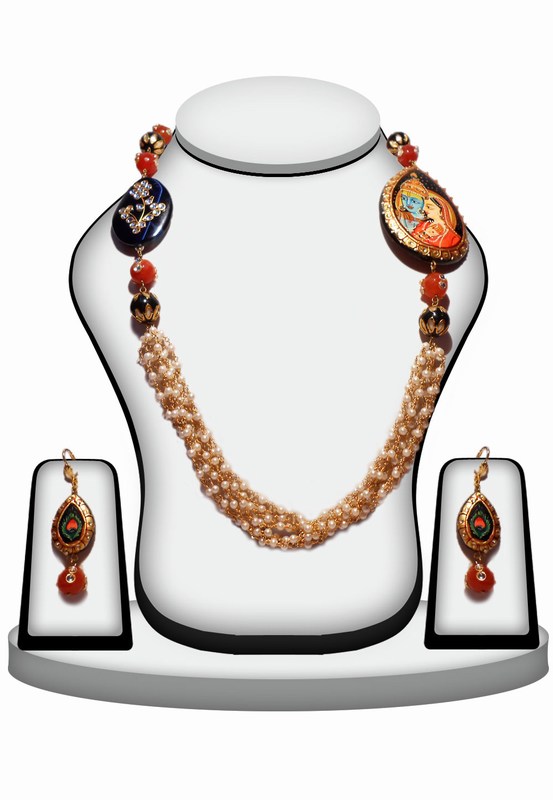 Multi-Color Stone Painting Beads Necklace Set with Kundan Work-0