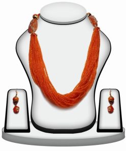 Elegant Beaded Necklace Set With Indian Earrings in Orange Stones-0