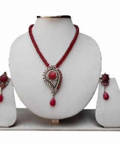 Buy Bridal Pendant and Necklace Set With Earrings in Red Stone from India-0