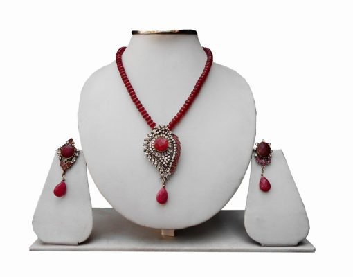 Buy Bridal Pendant and Necklace Set With Earrings in Red Stone from India-0