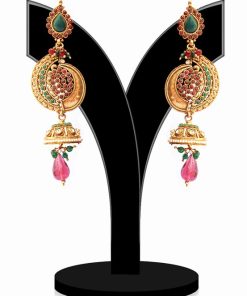 Shop Online Traditional Red and Green Stones Studded Polki Jhumkas-0