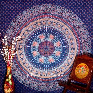 Parrot Hippie Boho Dorm Wall Tapestry Bedspread Queen in Blue Print -0