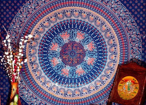 Parrot Hippie Boho Dorm Wall Tapestry Bedspread Queen in Blue Print -1499