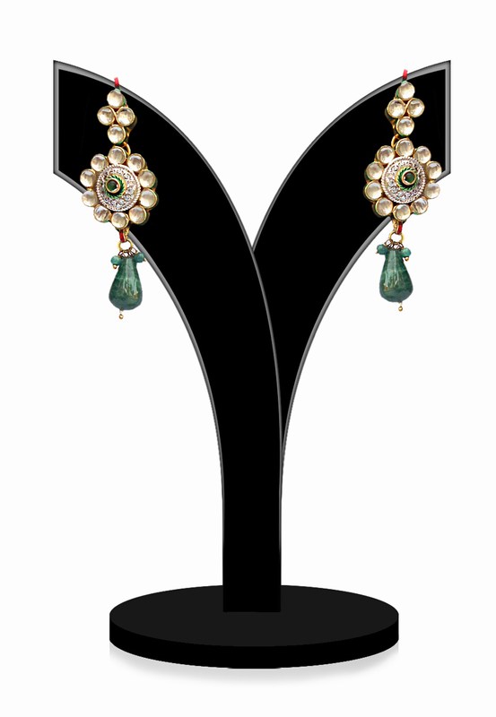 Light Party Wear Earrings in Green Stones From India for Girls-0