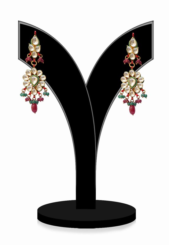 Party Wear Earrings in Red, Green and White Kundan Stones From India for Girls-0