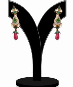 Party Wear Earrings in Red, Green and White Kundan Stones in Sleek Pattern-0