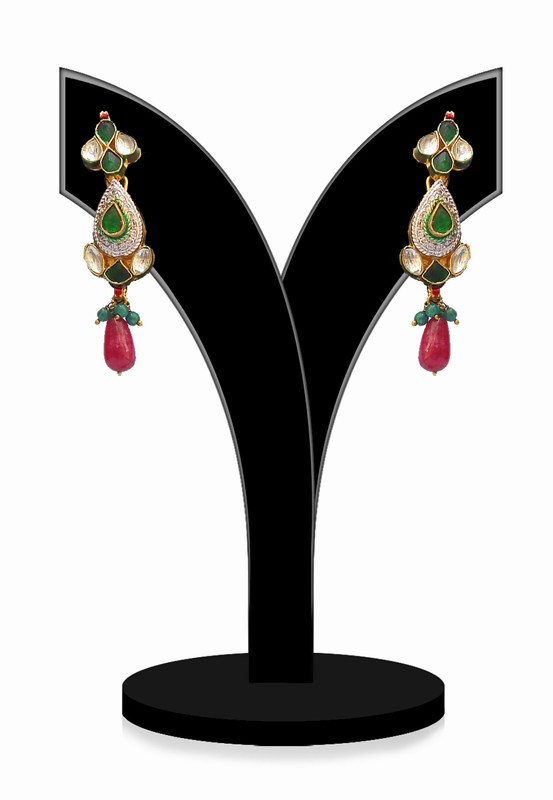 Party Wear Earrings in Red, Green and White Kundan Stones in Sleek Pattern-0