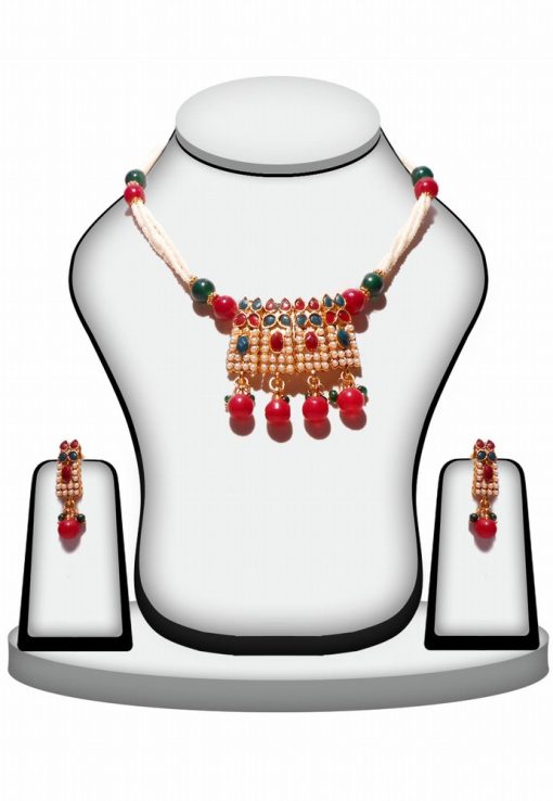 Party Wear Polki Pendant Set in Pretty Red and Green Stone Designs-0