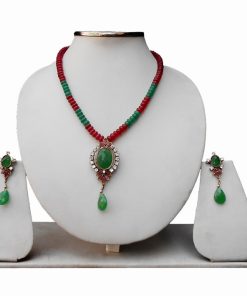 Buy Online Party Wear Pendant Sets in Green and Red Stones-0