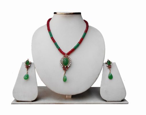 Buy Online Party Wear Pendant Sets in Green and Red Stones-0