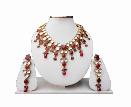 Partywear Designer Kundan Necklace Set in Red and White Stone-0