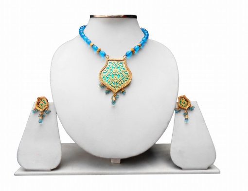 Partywear Turquoise Beads Thewa Pendant Set For Women-0