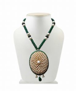 Round Partywear Pacchi Pendant Set for Women in Green and White-0